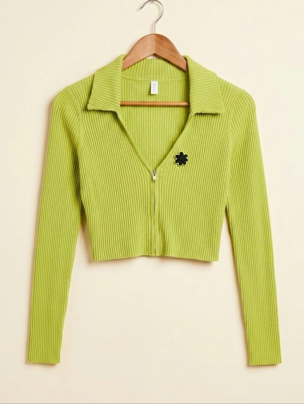 Twix Ribbed Zip-Front Crop Top - Lime Green, Size M - Picture 2 of 3